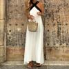 imagechouyatou Womens Criss Cross Halter Neck Dress Sleeveless Sexy Backless Boho Maxi Long Cotton Linen DressWhite