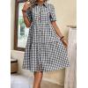 imagechouyatou Womens Plaid Short Sleeve Button Down Shirt Dress Retro Gingham Button Up Tunic Midi Long DressBlack