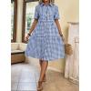 imagechouyatou Womens Plaid Short Sleeve Button Down Shirt Dress Retro Gingham Button Up Tunic Midi Long DressBlue