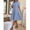 imagechouyatou Womens Plaid Short Sleeve Button Down Shirt Dress Retro Gingham Button Up Tunic Midi Long DressBlue