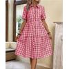 imagechouyatou Womens Plaid Short Sleeve Button Down Shirt Dress Retro Gingham Button Up Tunic Midi Long DressRed