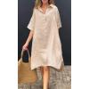 imagechouyatou Womens Summer Casual Linen Beach Tunic Dress Loose High Low Midi Long Polo T Shirt DressKhaki