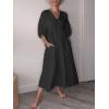 imagechouyatou Womens Summer Puff Sleeve Cotton Linen Midi Dress Casual VNeck Long Tunic Dress with PocketBlack