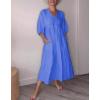 imagechouyatou Womens Summer Puff Sleeve Cotton Linen Midi Dress Casual VNeck Long Tunic Dress with PocketBlue