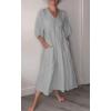 imagechouyatou Womens Summer Puff Sleeve Cotton Linen Midi Dress Casual VNeck Long Tunic Dress with PocketGrey