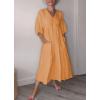 imagechouyatou Womens Summer Puff Sleeve Cotton Linen Midi Dress Casual VNeck Long Tunic Dress with PocketOrange