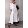 imagechouyatou Womens Summer Puff Sleeve Cotton Linen Midi Dress Casual VNeck Long Tunic Dress with PocketWhite