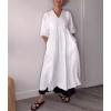 imagechouyatou Womens Summer Puff Sleeve Cotton Linen Midi Dress Casual VNeck Long Tunic Dress with PocketWhite