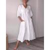 imagechouyatou Womens Summer Puff Sleeve Cotton Linen Midi Dress Casual VNeck Long Tunic Dress with PocketWhite