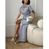 imagechouyatou Womens Summer Short Sleeve Striped Shirt Dress Beach Maxi Long Belted Casual Button Down DressDark Blue