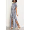 imagechouyatou Womens Summer Short Sleeve Striped Shirt Dress Beach Maxi Long Belted Casual Button Down DressDark Blue