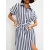 imagechouyatou Womens Summer Short Sleeve Striped Shirt Dress Beach Maxi Long Belted Casual Button Down DressDark Blue