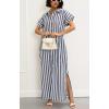 imagechouyatou Womens Summer Short Sleeve Striped Shirt Dress Beach Maxi Long Belted Casual Button Down DressDark Blue