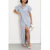 imagechouyatou Womens Summer Short Sleeve Striped Shirt Dress Beach Maxi Long Belted Casual Button Down DressLight Blue