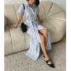 imagechouyatou Womens Summer Short Sleeve Striped Shirt Dress Beach Maxi Long Belted Casual Button Down DressLight Blue