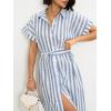 imagechouyatou Womens Summer Short Sleeve Striped Shirt Dress Beach Maxi Long Belted Casual Button Down DressLight Blue