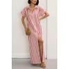 imagechouyatou Womens Summer Short Sleeve Striped Shirt Dress Beach Maxi Long Belted Casual Button Down DressRed