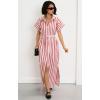 imagechouyatou Womens Summer Short Sleeve Striped Shirt Dress Beach Maxi Long Belted Casual Button Down DressRed