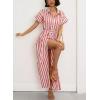 imagechouyatou Womens Summer Short Sleeve Striped Shirt Dress Beach Maxi Long Belted Casual Button Down DressRed