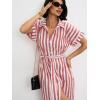 imagechouyatou Womens Summer Short Sleeve Striped Shirt Dress Beach Maxi Long Belted Casual Button Down DressRed
