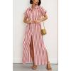 imagechouyatou Womens Summer Short Sleeve Striped Shirt Dress Beach Maxi Long Belted Casual Button Down DressRed