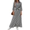 imagechouyatou Womens Casual 34 Sleeve Striped Shirt Dress Button Down Swing Flowy Maxi Beach Dress with BeltBlack