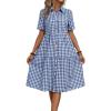 imagechouyatou Womens Plaid Short Sleeve Button Down Shirt Dress Retro Gingham Button Up Tunic Midi Long DressBlue