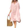 imagechouyatou Womens Summer Casual Linen Beach Tunic Dress Loose High Low Midi Long Polo T Shirt DressPink