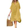 imagechouyatou Womens Summer Casual Linen Beach Tunic Dress Loose High Low Midi Long Polo T Shirt DressYellow