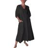 imagechouyatou Womens Summer Puff Sleeve Cotton Linen Midi Dress Casual VNeck Long Tunic Dress with PocketBlack