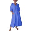 imagechouyatou Womens Summer Puff Sleeve Cotton Linen Midi Dress Casual VNeck Long Tunic Dress with PocketBlue