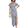 imagechouyatou Womens Summer Short Sleeve Striped Shirt Dress Beach Maxi Long Belted Casual Button Down DressDark Blue