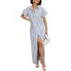 imagechouyatou Womens Summer Short Sleeve Striped Shirt Dress Beach Maxi Long Belted Casual Button Down DressLight Blue
