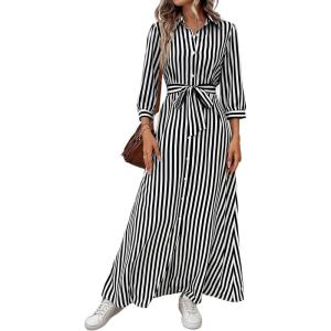 imagechouyatou Womens Casual 34 Sleeve Striped Shirt Dress Button Down Swing Flowy Maxi Beach Dress with BeltBlack
