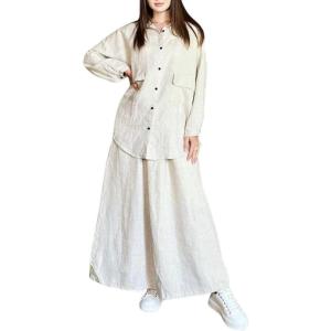 imagechouyatou Womens Cotton Linen 2 Piece Outfits Button Down Oversized Shirt and Elastic Waist Maxi Long Skirt SetBeige White