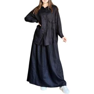 imagechouyatou Womens Cotton Linen 2 Piece Outfits Button Down Oversized Shirt and Elastic Waist Maxi Long Skirt SetBlack