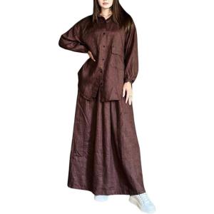 imagechouyatou Womens Cotton Linen 2 Piece Outfits Button Down Oversized Shirt and Elastic Waist Maxi Long Skirt SetBrown