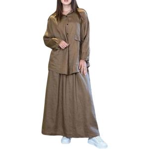 imagechouyatou Womens Cotton Linen 2 Piece Outfits Button Down Oversized Shirt and Elastic Waist Maxi Long Skirt SetKhaki