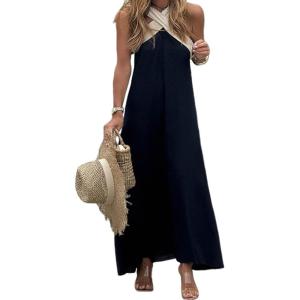imagechouyatou Womens Criss Cross Halter Neck Dress Sleeveless Sexy Backless Boho Maxi Long Cotton Linen DressBlack