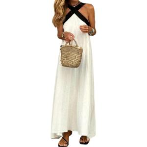 imagechouyatou Womens Criss Cross Halter Neck Dress Sleeveless Sexy Backless Boho Maxi Long Cotton Linen DressWhite