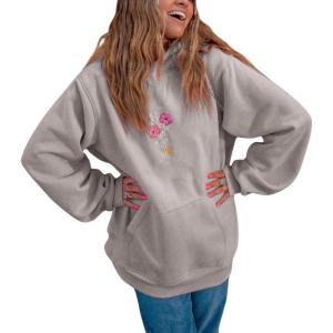 imagechouyatou Womens Cute Flower Embroidery Pullover Hoodies Y2k Casual Graphic Hooded Sweatshirt Jacket TopsWhite