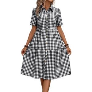 imagechouyatou Womens Plaid Short Sleeve Button Down Shirt Dress Retro Gingham Button Up Tunic Midi Long DressBlack