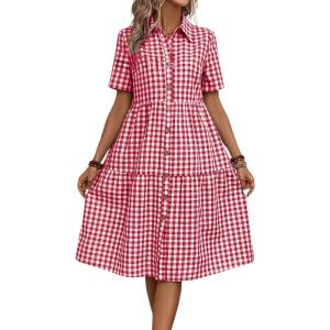 imagechouyatou Womens Plaid Short Sleeve Button Down Shirt Dress Retro Gingham Button Up Tunic Midi Long DressRed