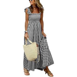 imagechouyatou Womens Retro Plaid Smocked Dress Spaghetti Strap Flounce Long DressBlack