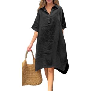 imagechouyatou Womens Summer Casual Linen Beach Tunic Dress Loose High Low Midi Long Polo T Shirt DressBlack