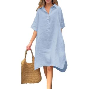 imagechouyatou Womens Summer Casual Linen Beach Tunic Dress Loose High Low Midi Long Polo T Shirt DressBlue
