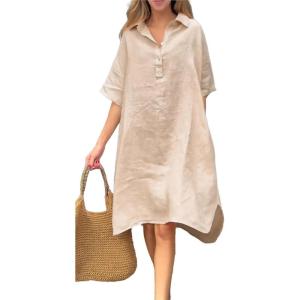 imagechouyatou Womens Summer Casual Linen Beach Tunic Dress Loose High Low Midi Long Polo T Shirt DressKhaki