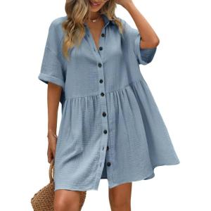 imagechouyatou Womens Summer Linen Button Front Shirt Dresses Casual Babydoll Cute Cotton Lapel Midi DressBlue