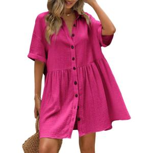 imagechouyatou Womens Summer Linen Button Front Shirt Dresses Casual Babydoll Cute Cotton Lapel Midi DressFuchsia
