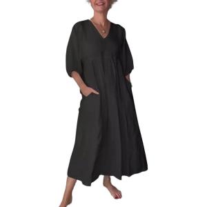 imagechouyatou Womens Summer Puff Sleeve Cotton Linen Midi Dress Casual VNeck Long Tunic Dress with PocketBlack